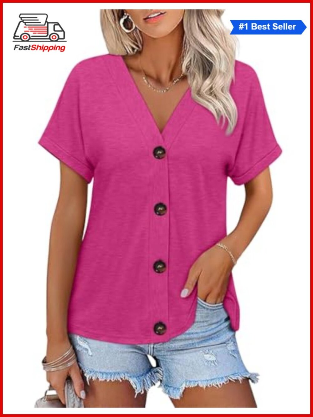 Womens Summer Tops Short Sleeve Button Down V Neck T Shirt Casual